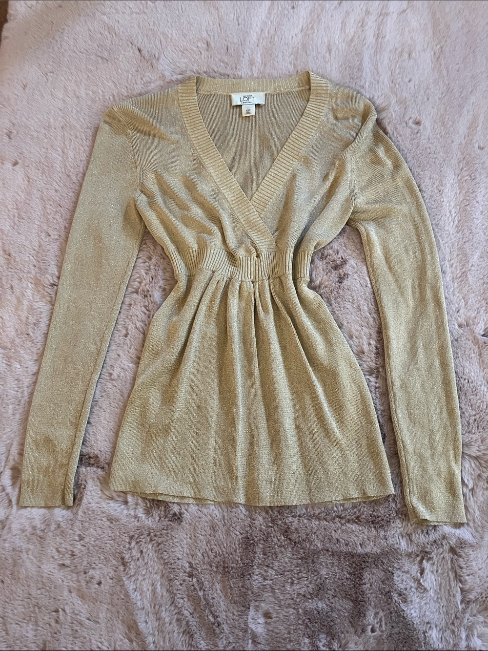 Y2k LOFT Metallic Glittery Gold V-Neck Long Sleeve Babydoll Top Blouse